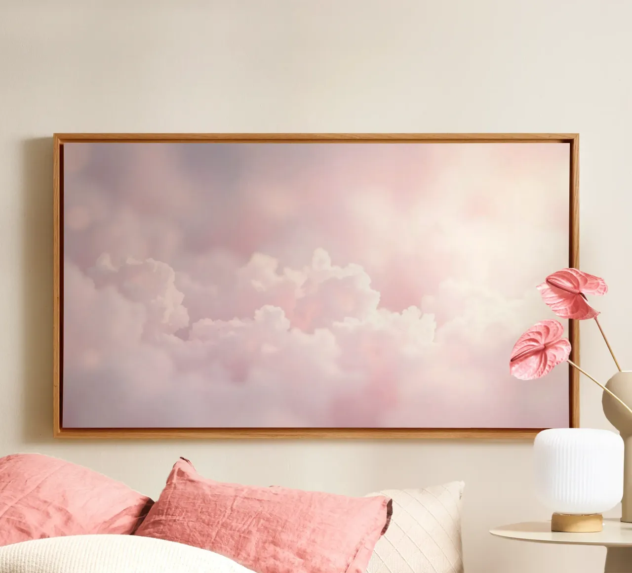 Zachte pastelkleurige wolken creëren een serene abstracte achtergrond canvas met Baklijst van DesignDoodle
