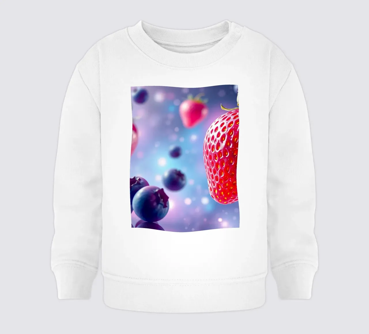 Vibrant strawberries and blueberries floating in space baby sweatshirt by DesignDoodle