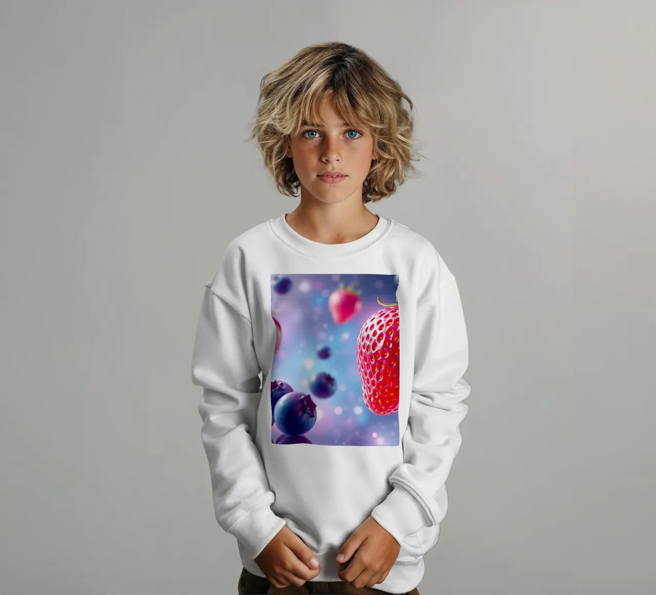 Fresas y arándanos vibrantes flotando en el espacio sudadera para niño de DesignDoodle