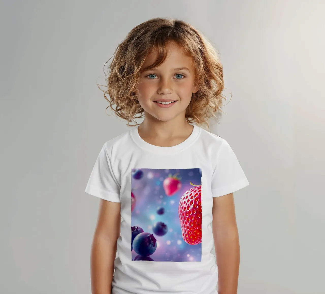 Vibrant strawberries and blueberries floating in space kids t-shirt by DesignDoodle