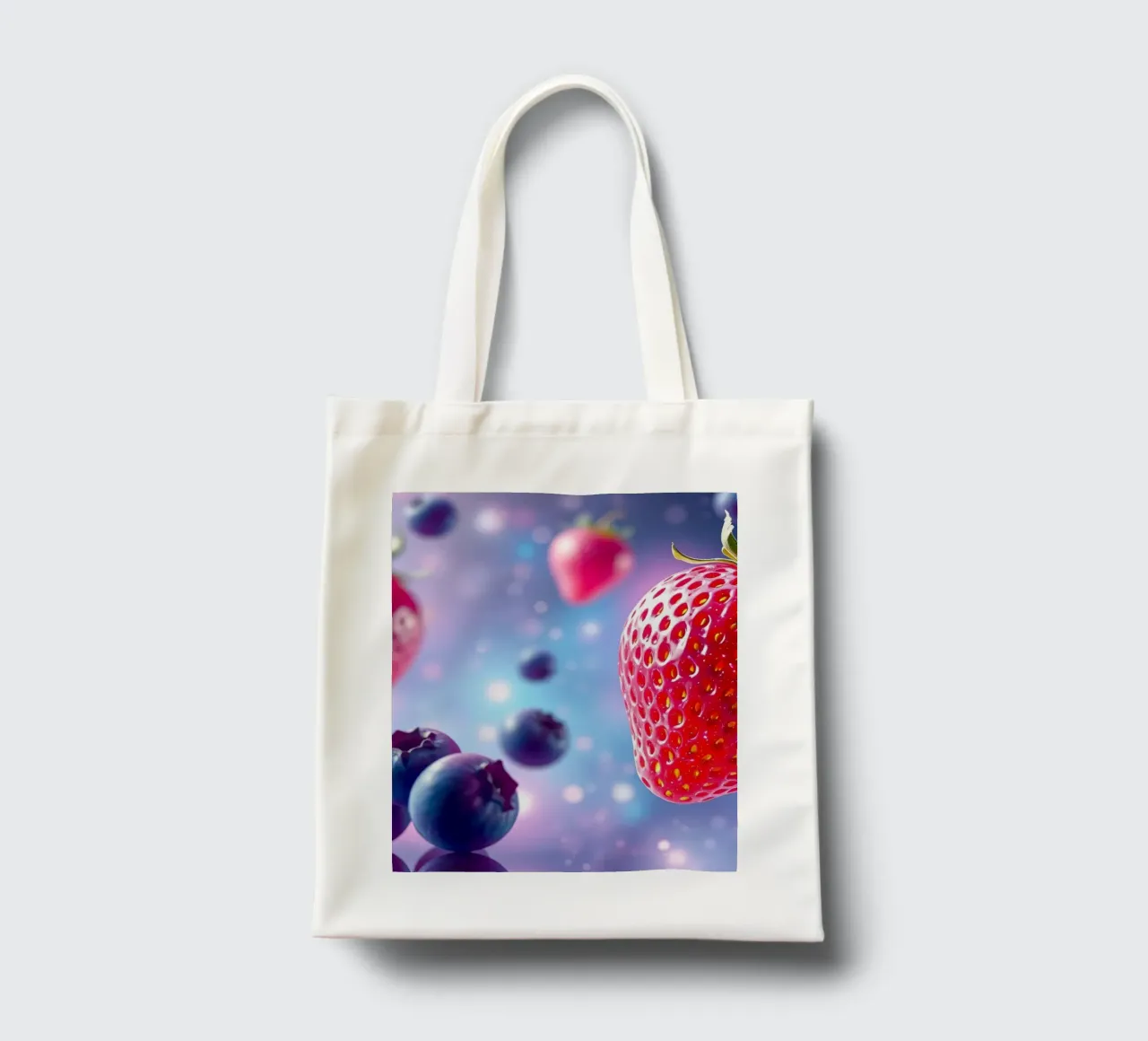 Vibrant strawberries and blueberries floating in space tote bag by DesignDoodle