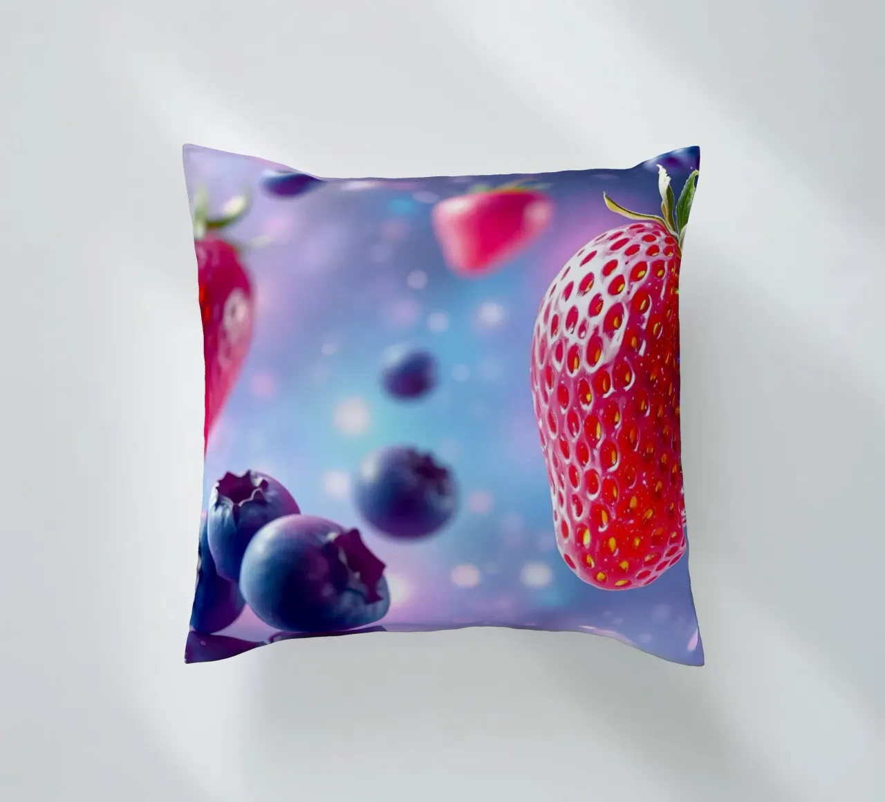 Vibrant strawberries and blueberries floating in space decorative cushion by DesignDoodle