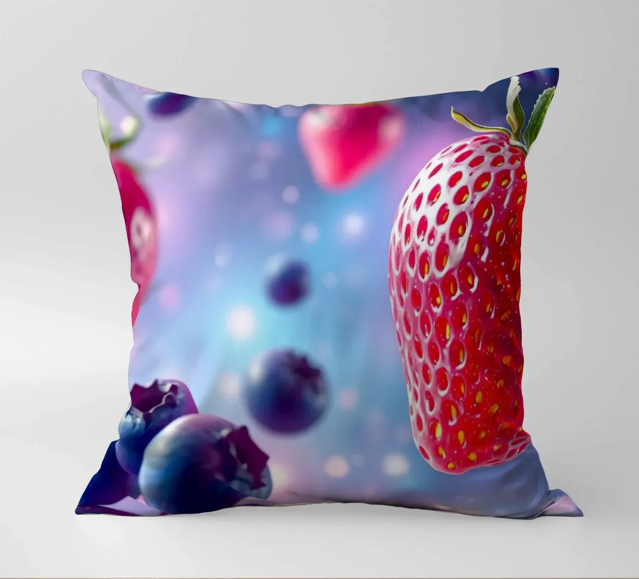 Vibrant strawberries and blueberries floating in space decorative cushion by DesignDoodle