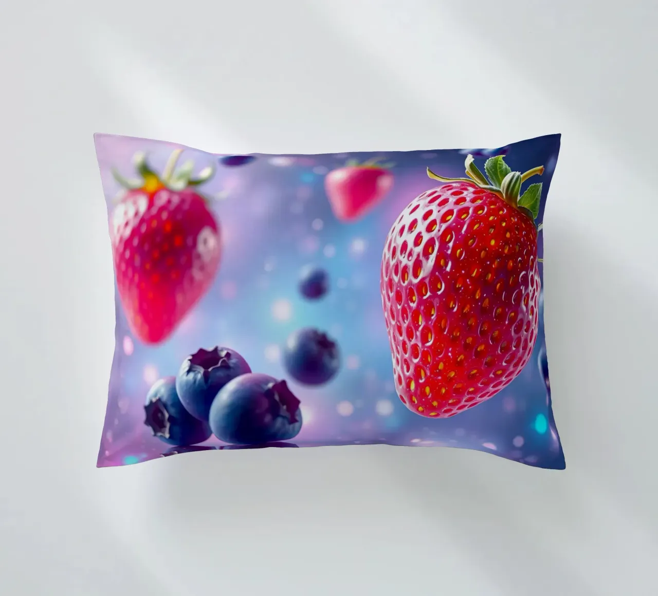 Vibrant strawberries and blueberries floating in space decorative cushion by DesignDoodle