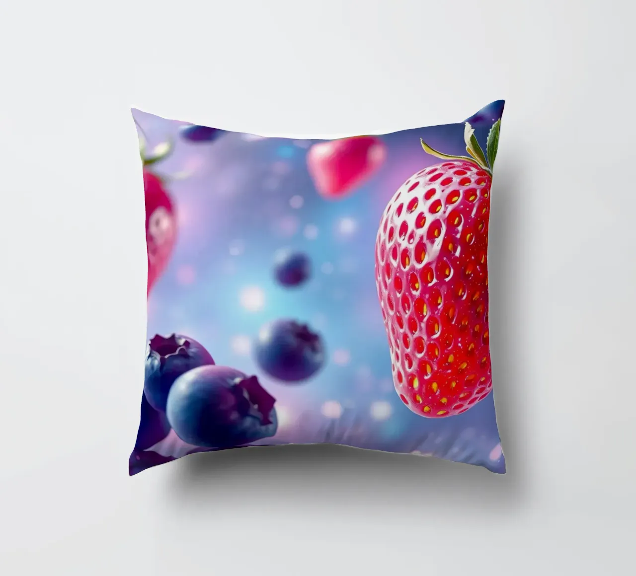 Vibrant strawberries and blueberries floating in space decorative cushion by DesignDoodle