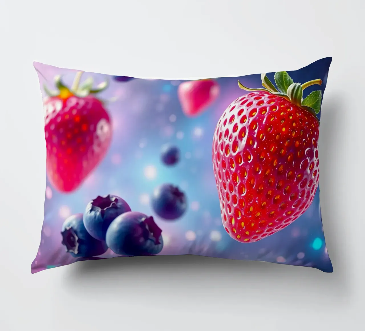 Vibrant strawberries and blueberries floating in space decorative cushion by DesignDoodle