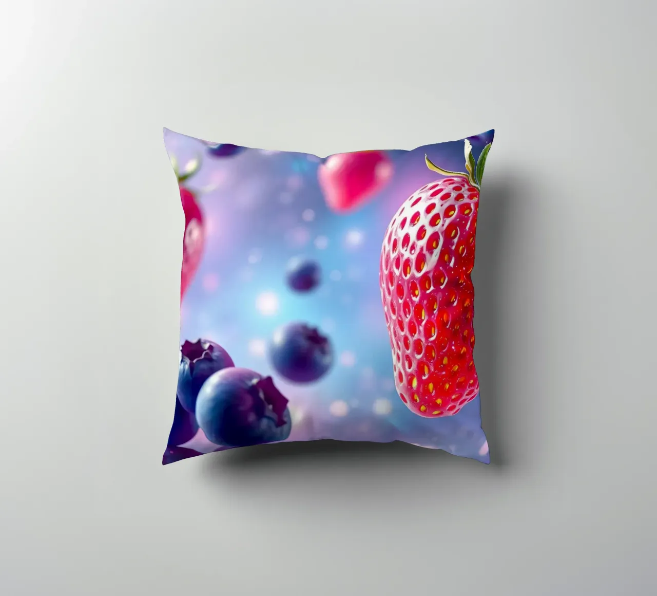 Vibrant strawberries and blueberries floating in space decorative cushion by DesignDoodle