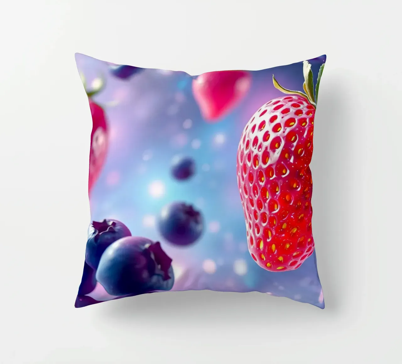 Vibrant strawberries and blueberries floating in space decorative cushion by DesignDoodle
