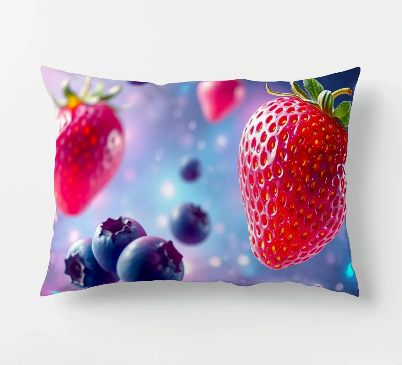 Vibrant strawberries and blueberries floating in space decorative cushion by DesignDoodle