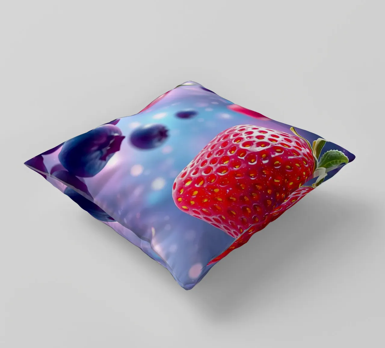 Vibrant strawberries and blueberries floating in space decorative cushion by DesignDoodle