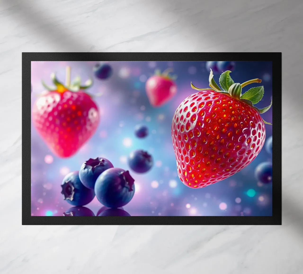 Fragole e mirtilli vibranti che fluttuano nello spazio zerbino da DesignDoodle
