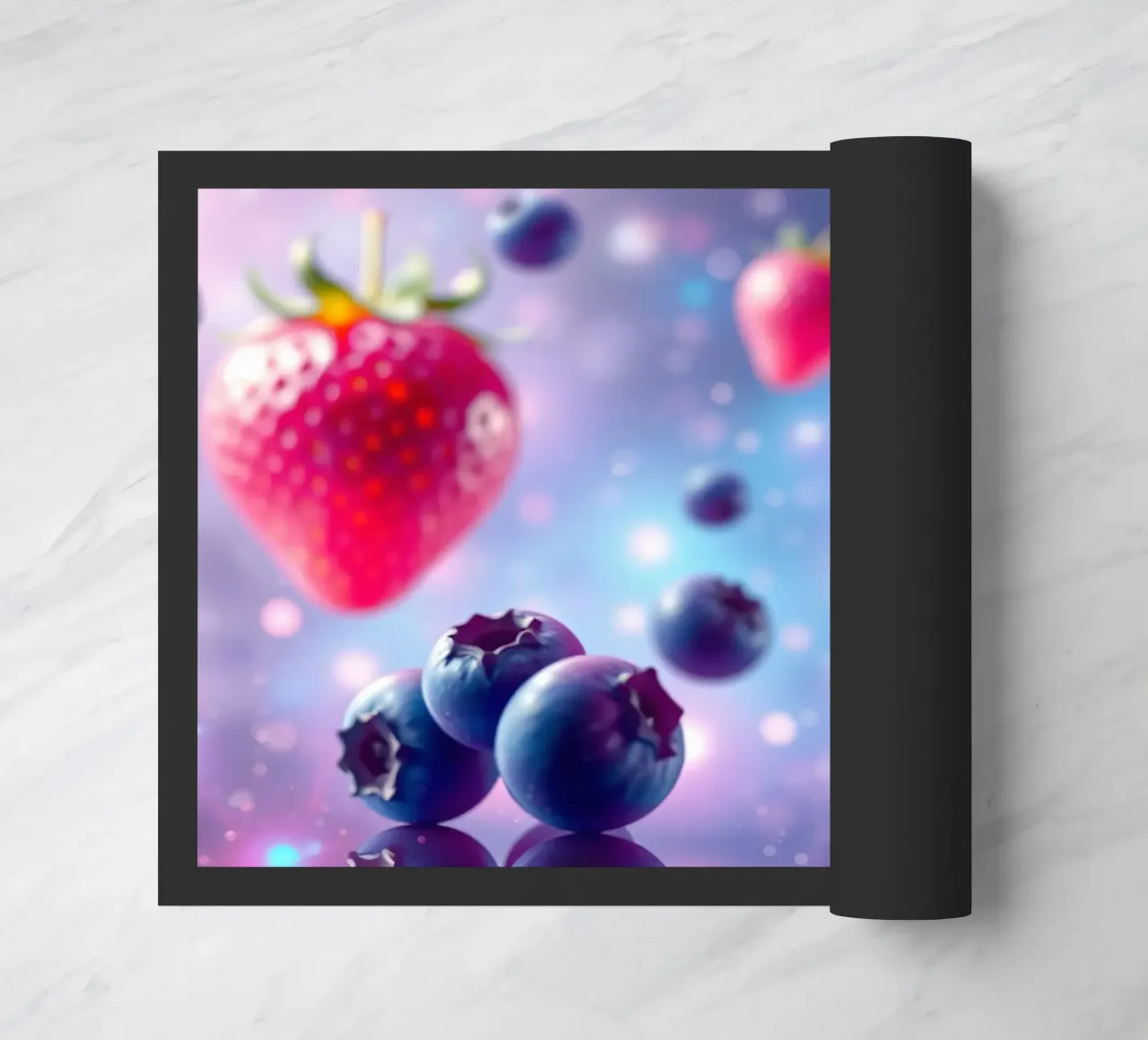 Fragole e mirtilli vibranti che fluttuano nello spazio zerbino da DesignDoodle