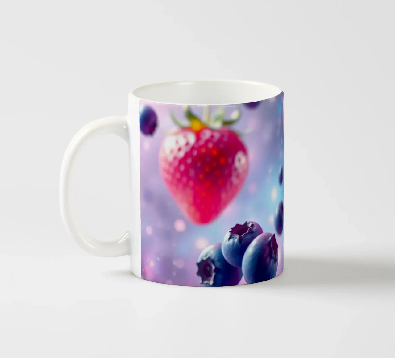 Levendige aardbeien en bosbessen zwevend in de ruimte keramische mok van DesignDoodle