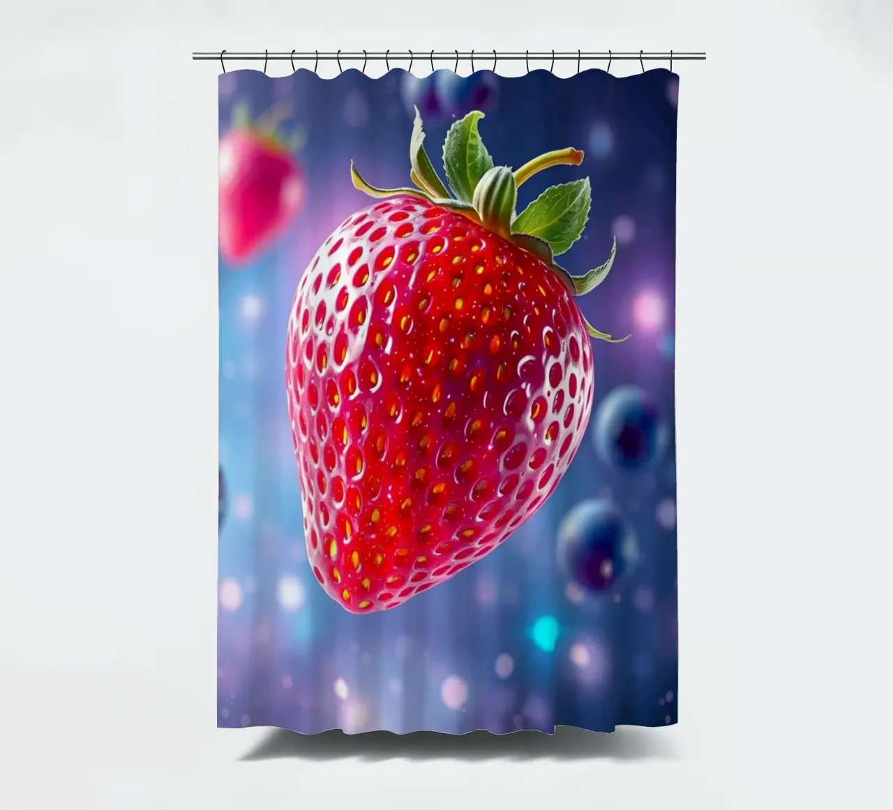 Vibrant strawberries and blueberries floating in space shower curtain by DesignDoodle