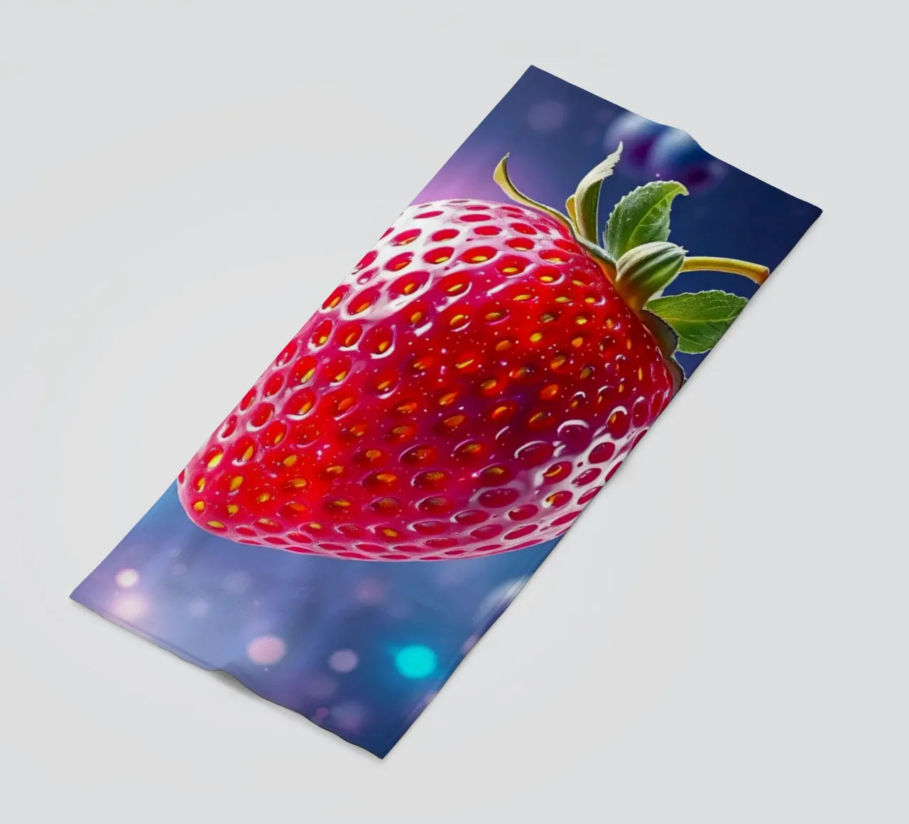 Vibrant strawberries and blueberries floating in space beach towel by DesignDoodle