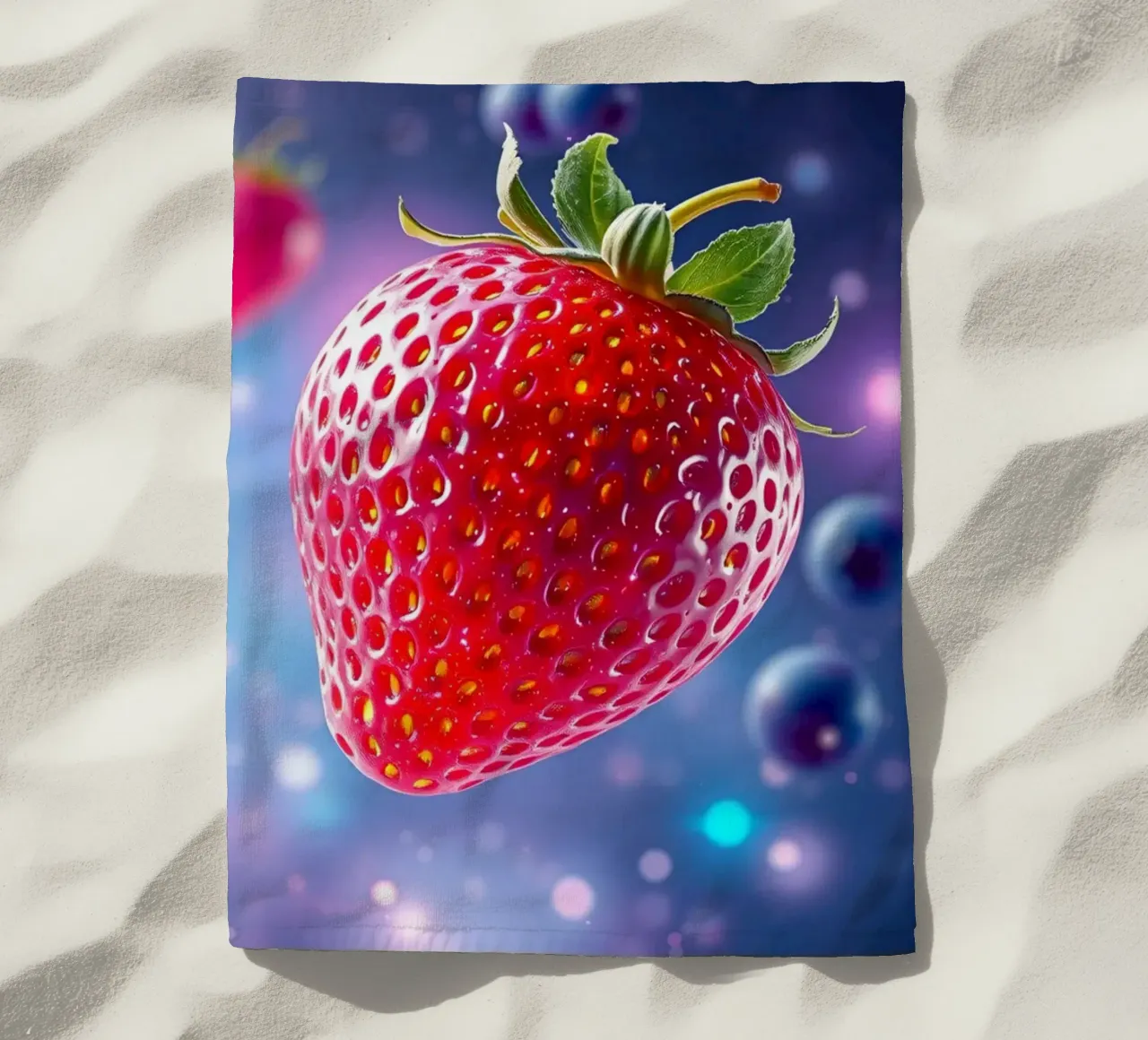 Vibrant strawberries and blueberries floating in space beach towel by DesignDoodle