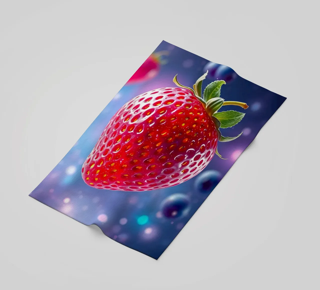 Vibrant strawberries and blueberries floating in space beach towel by DesignDoodle