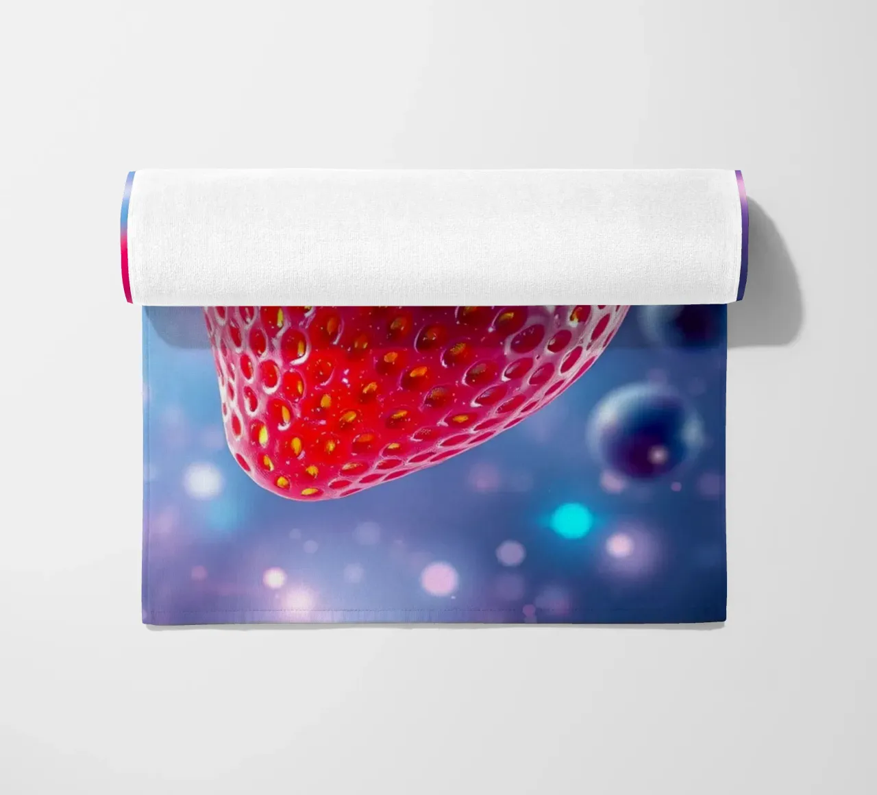Vibrant strawberries and blueberries floating in space beach towel by DesignDoodle