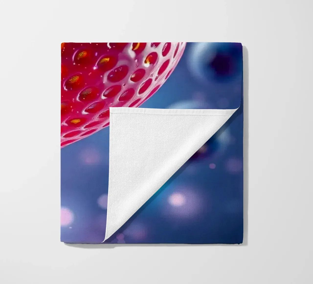 Vibrant strawberries and blueberries floating in space beach towel by DesignDoodle