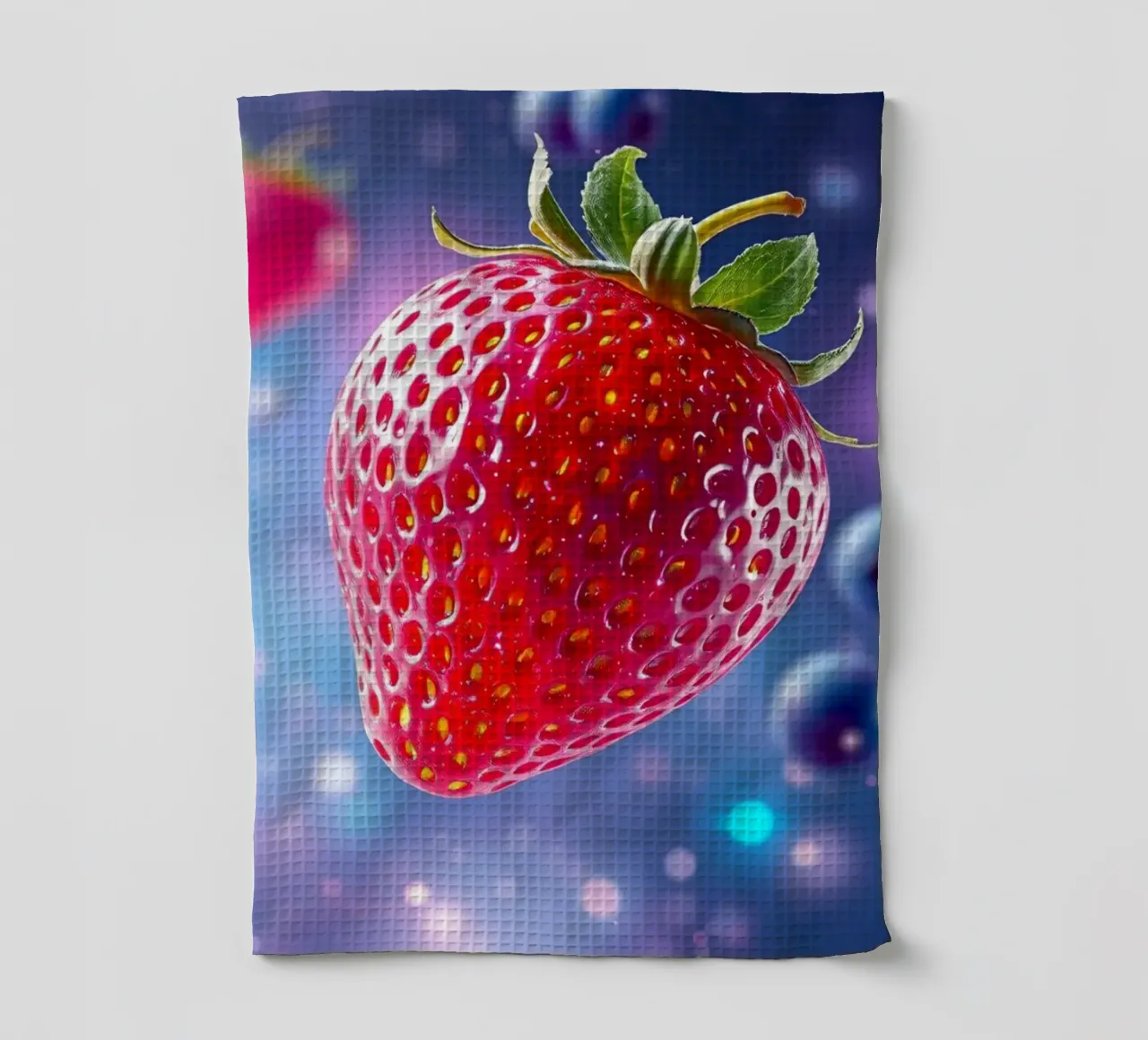 Vibrant strawberries and blueberries floating in space tea towel by DesignDoodle