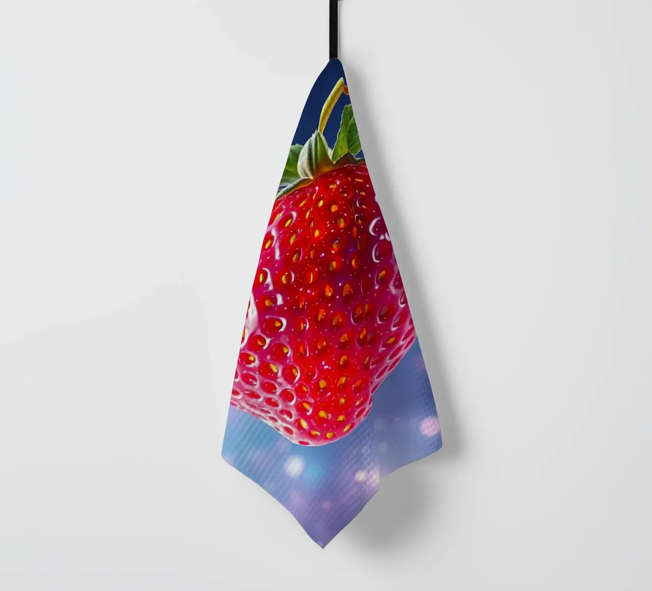 Vibrant strawberries and blueberries floating in space tea towel by DesignDoodle