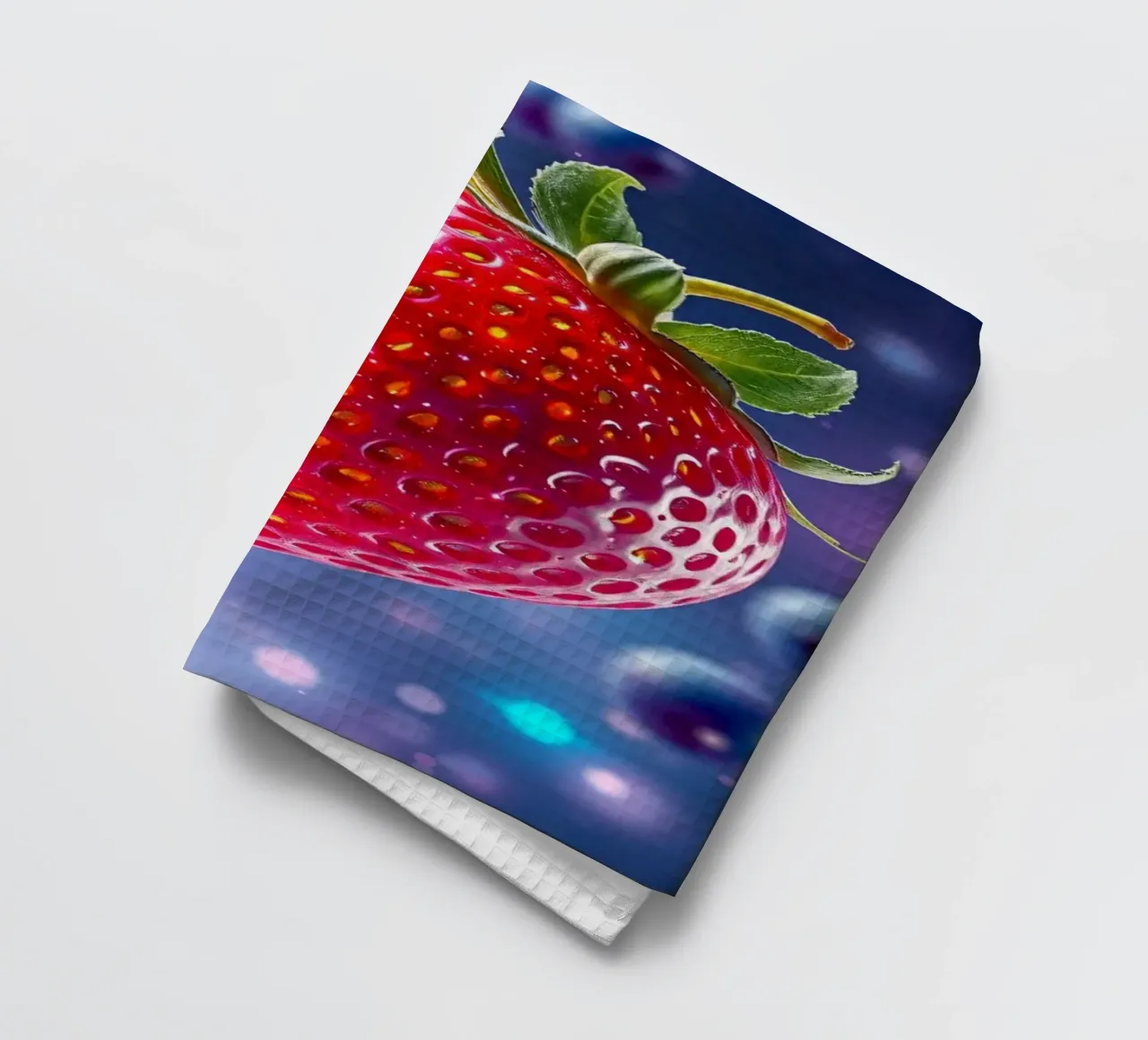 Vibrant strawberries and blueberries floating in space tea towel by DesignDoodle