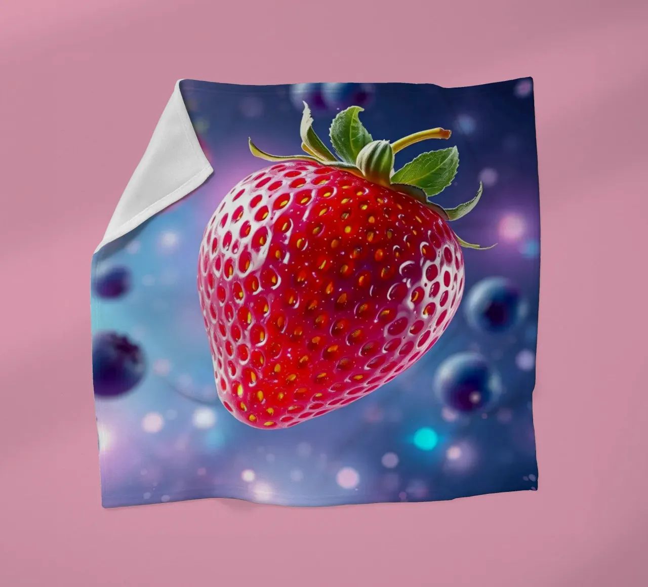 Vibrant strawberries and blueberries floating in space fleece blanket by DesignDoodle