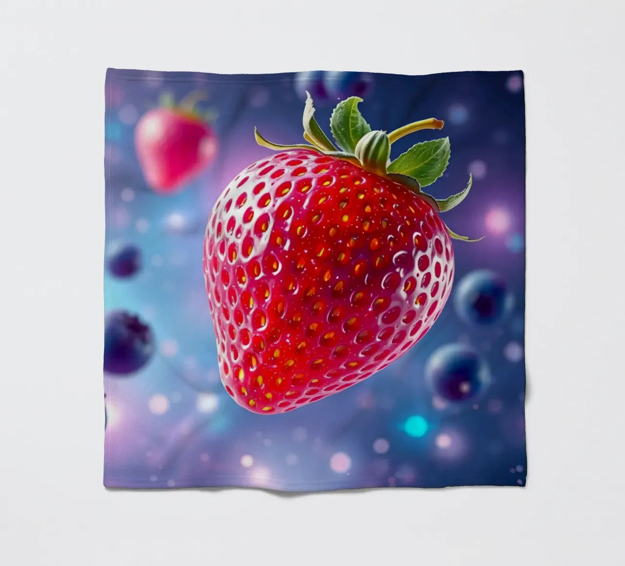 Vibrant strawberries and blueberries floating in space fleece blanket by DesignDoodle