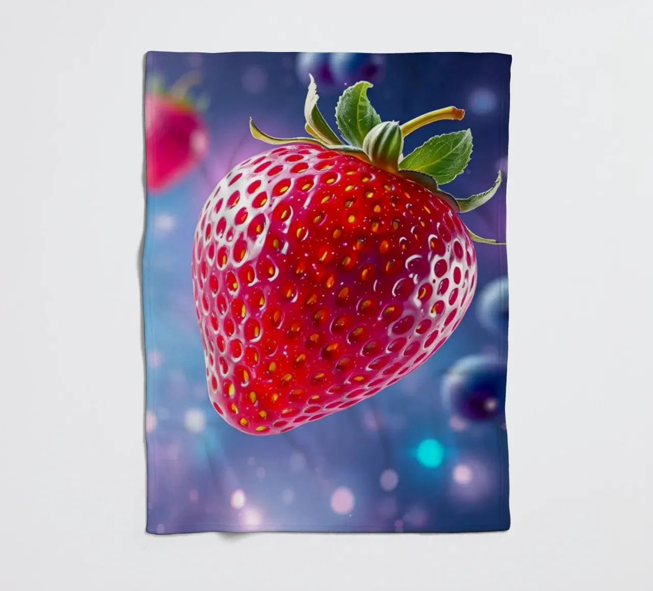 Vibrant strawberries and blueberries floating in space fleece blanket by DesignDoodle