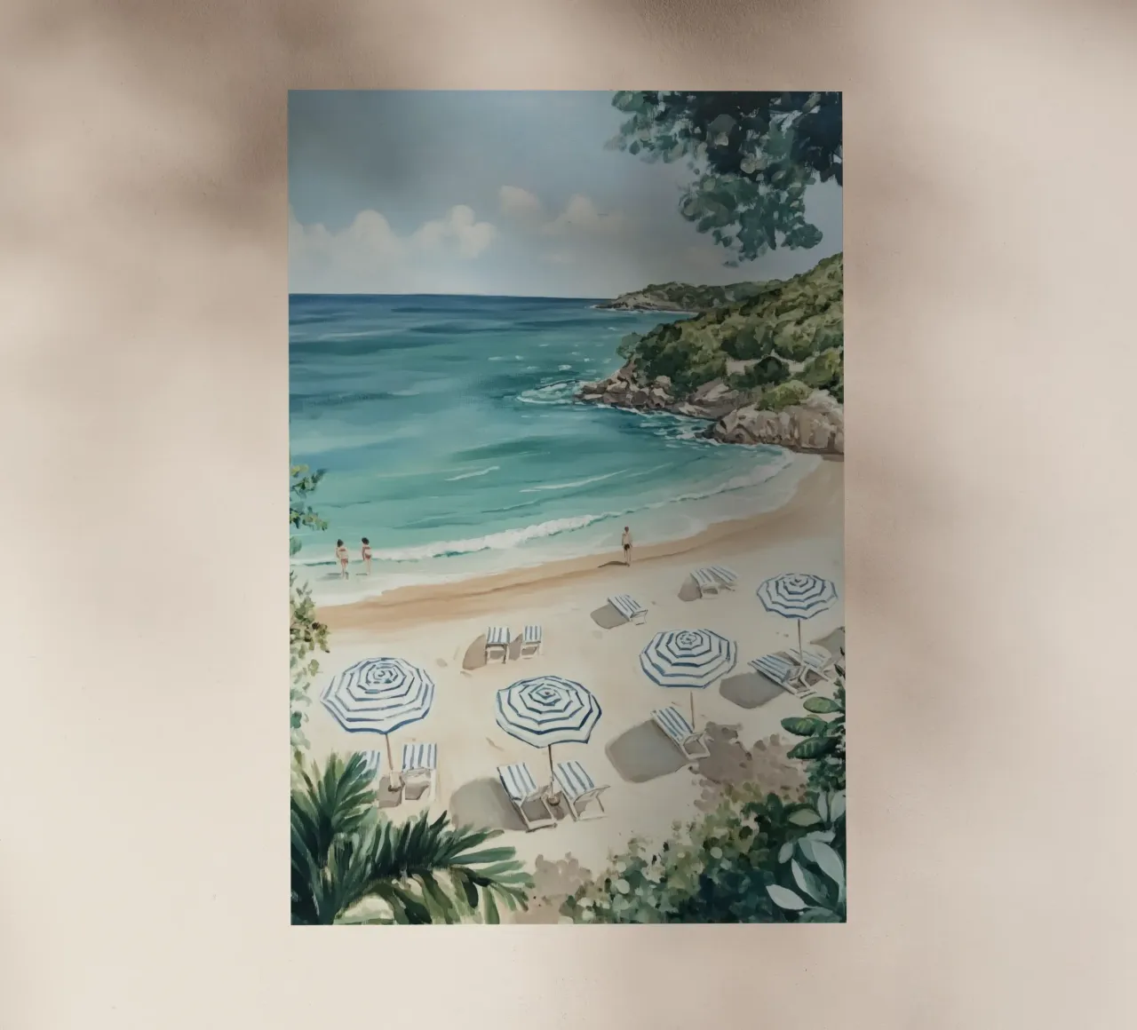 Spiaggia tranquilla con ombrelloni bianchi e blu pellicola backlit da Melloi Art Print
