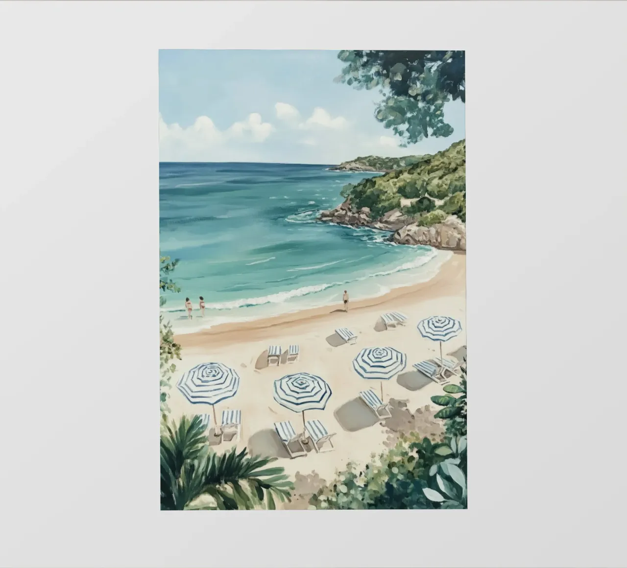 Spiaggia tranquilla con ombrelloni bianchi e blu pellicola backlit da Melloi Art Print