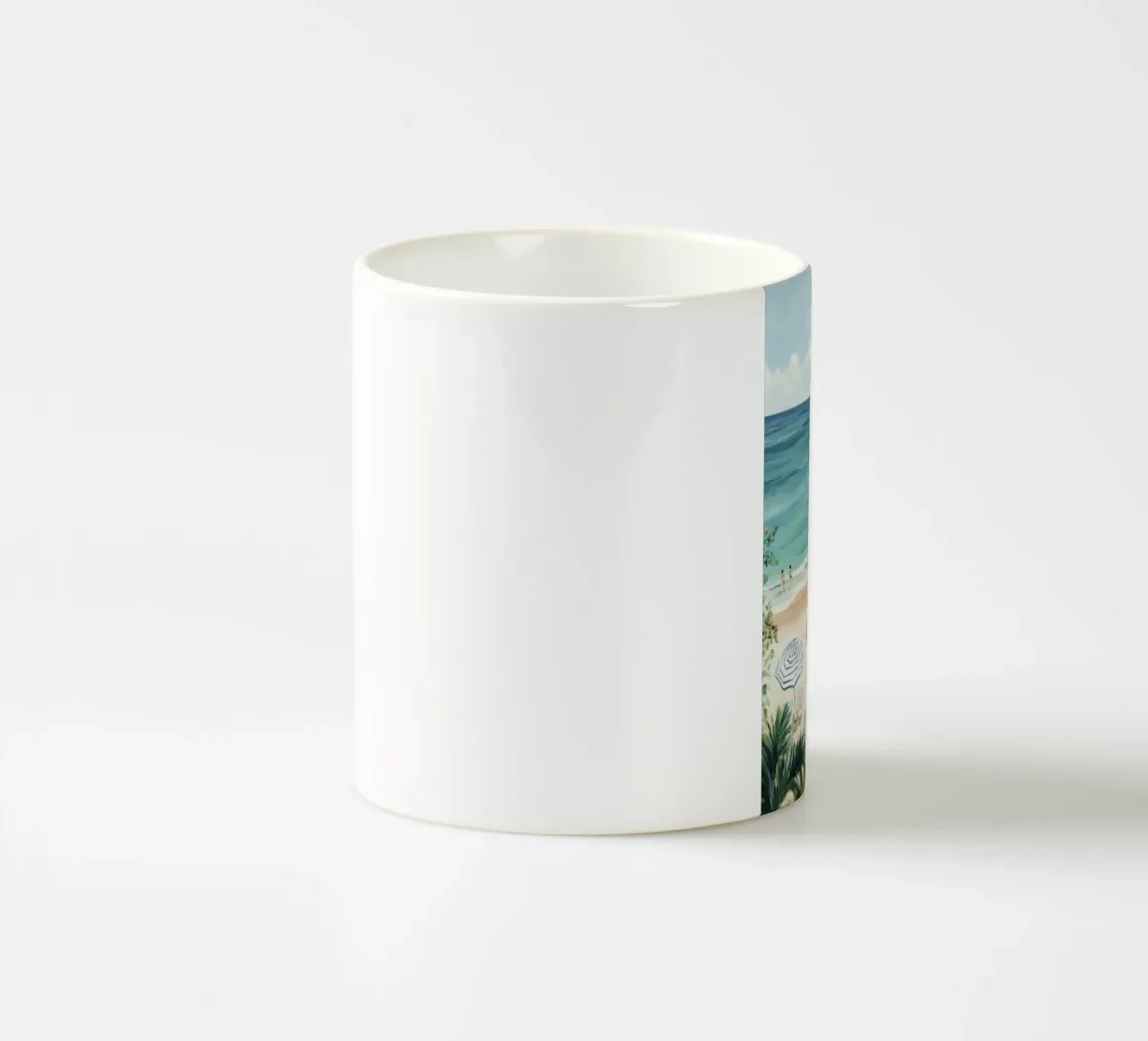 Spiaggia tranquilla con ombrelloni bianchi e blu tazza in ceramica da Melloi Art Print