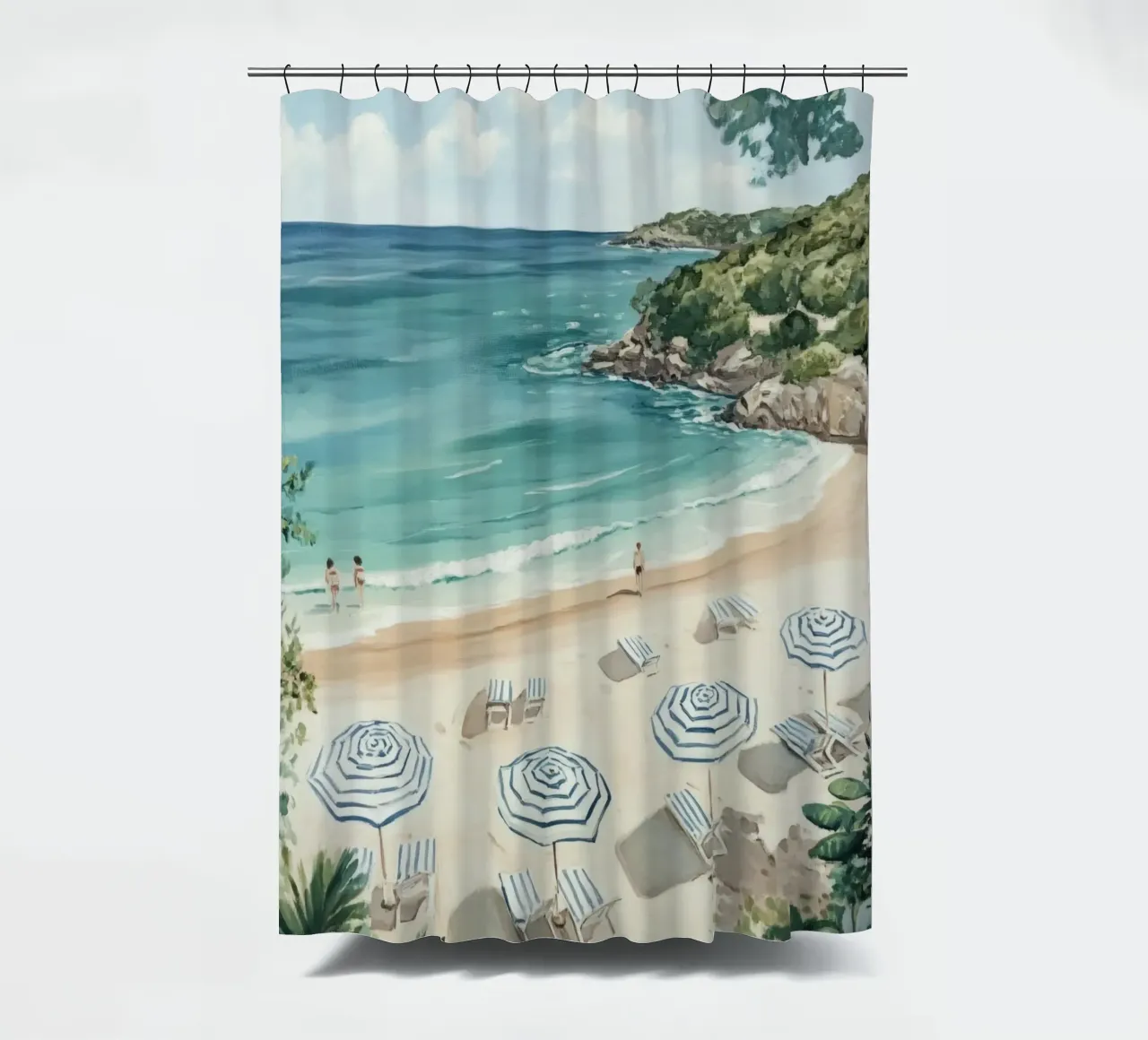 Spiaggia tranquilla con ombrelloni bianchi e blu tenda da doccia da Melloi Art Print