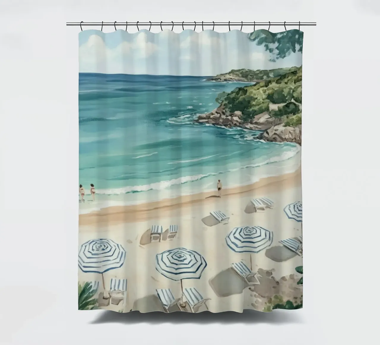 Spiaggia tranquilla con ombrelloni bianchi e blu tenda da doccia da Melloi Art Print