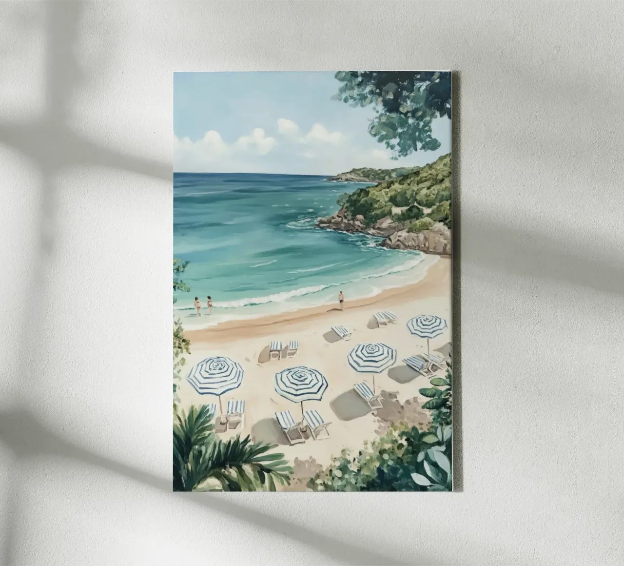 Rustig strand met blauwe en witte parasols canvas met Baklijst van Melloi Art Print