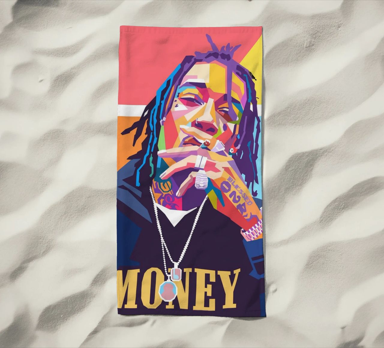 Wiz Khalifa colorful pop art portrait beach towel by Hantamrata