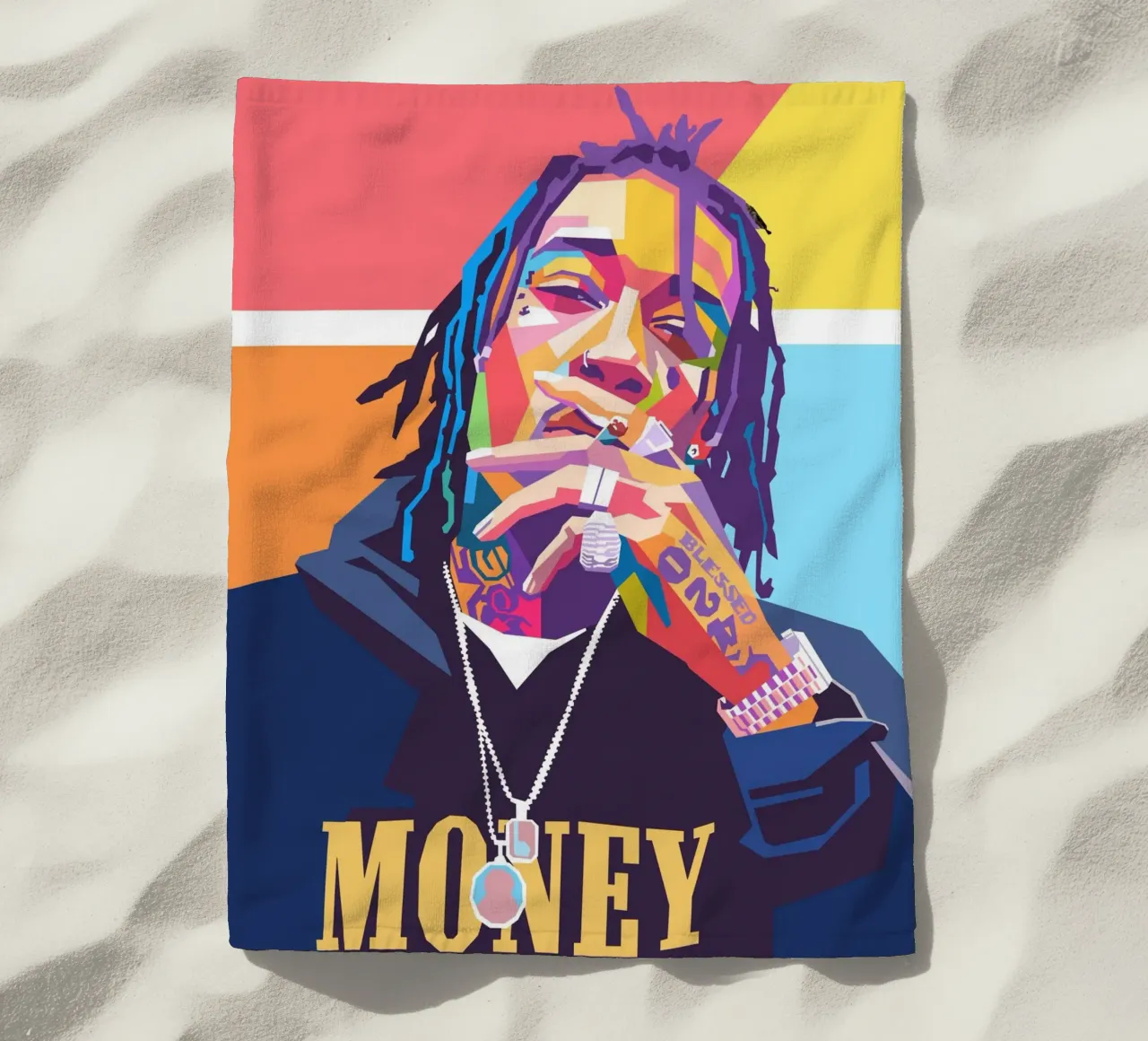 Ritratto pop art colorato di Wiz Khalifa telo mare da Hantamrata