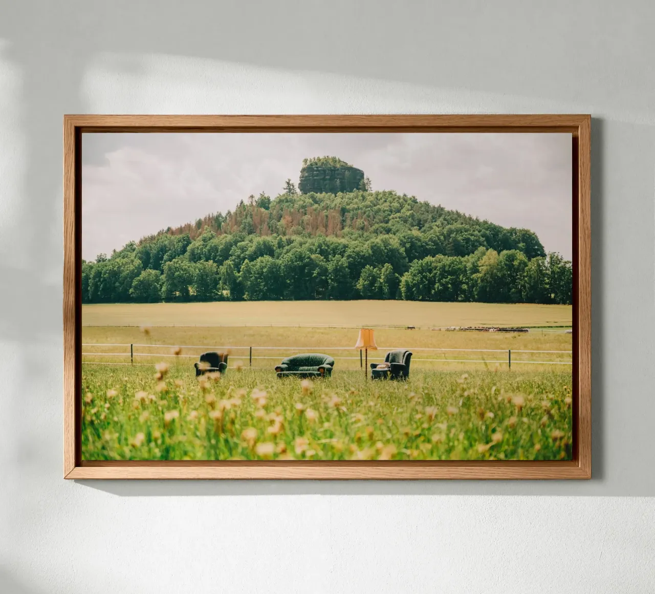Divano e poltrona tra i fiori di campo - Prato verde di fronte alla montagna tela con Cornice a cassetta da Bold and Retro