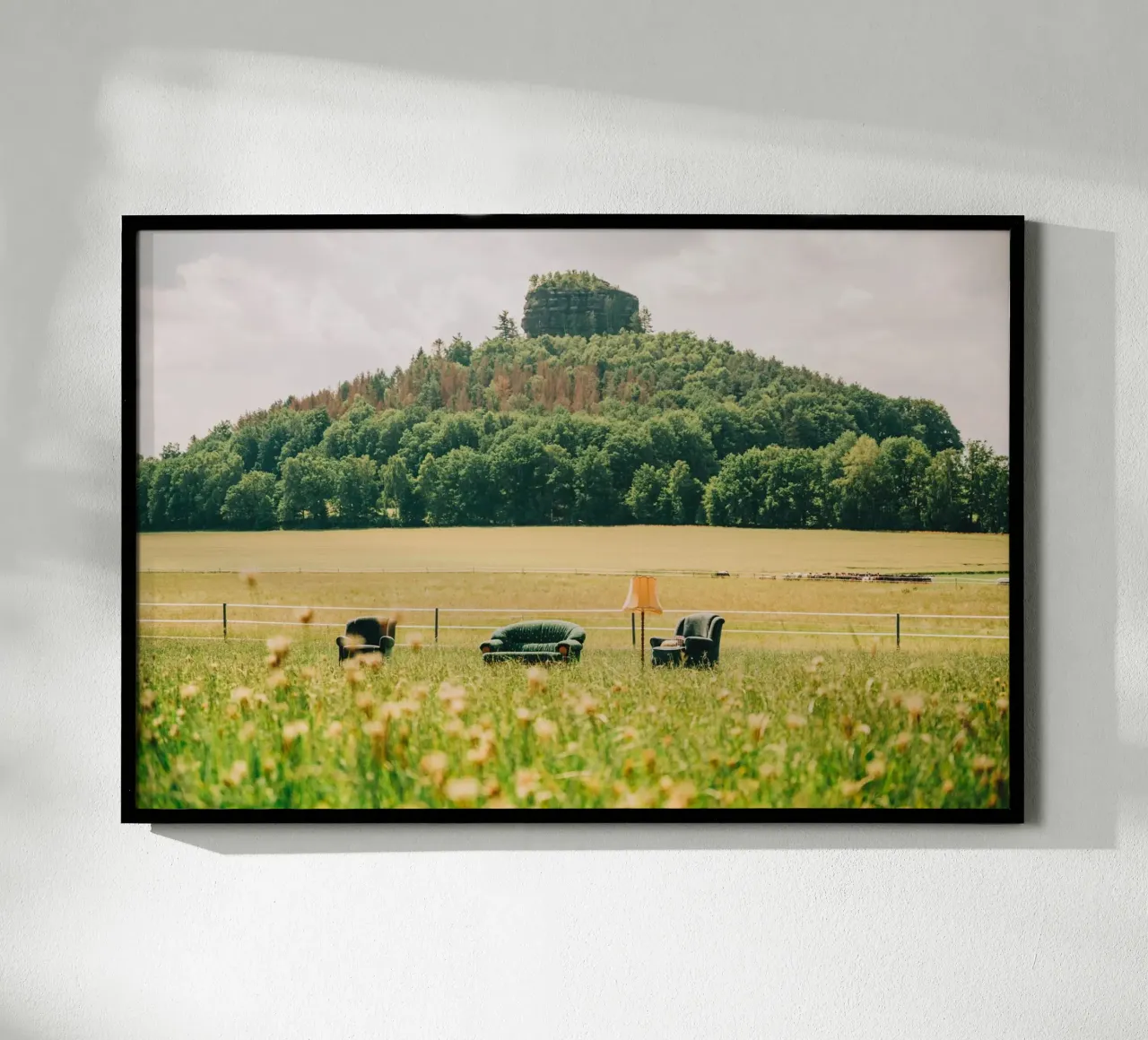 Divano e poltrona tra i fiori di campo - Prato verde di fronte alla montagna poster con telaio in alluminio da Bold and Retro