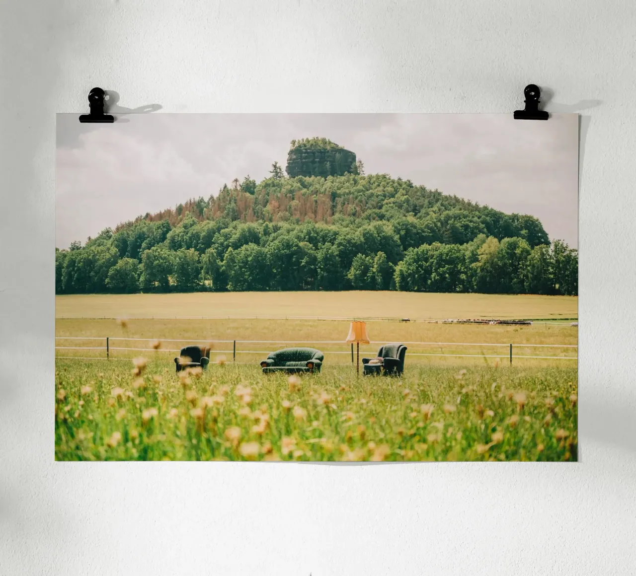 Divano e poltrona tra i fiori di campo - Prato verde di fronte alla montagna poster con telaio in alluminio da Bold and Retro