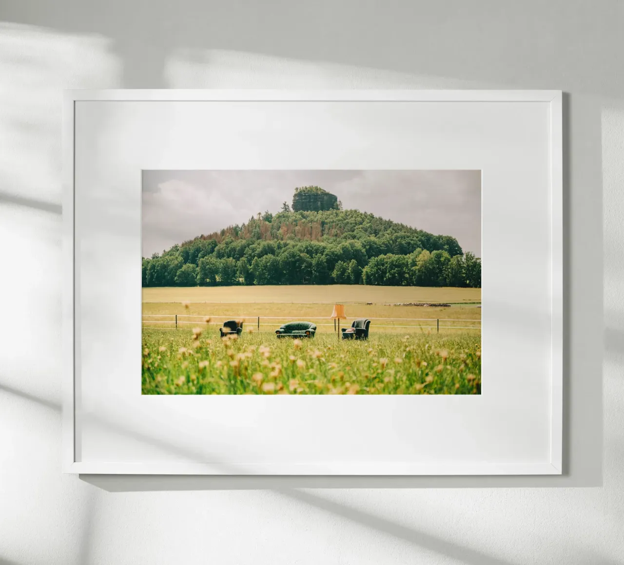 Divano e poltrona tra i fiori di campo - Prato verde di fronte alla montagna poster con telaio in alluminio da Bold and Retro