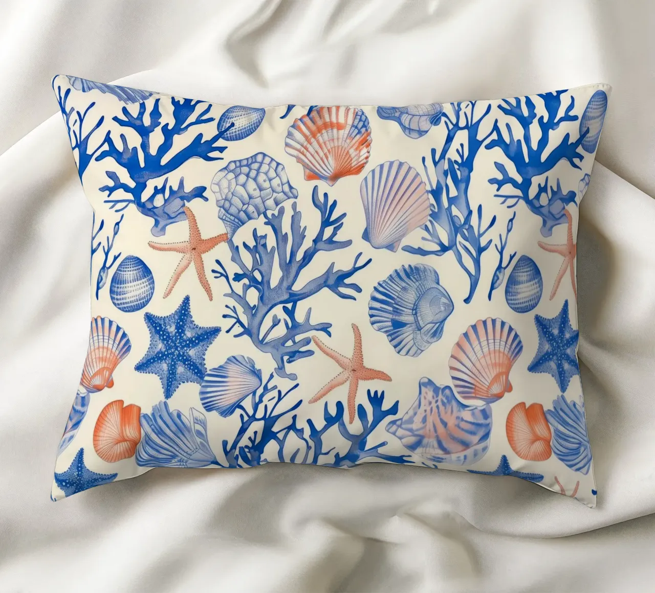 Blue Seashell Starfish Coral Coastal Boho Beach House Summer decorative cushion by Gentle Echoes Art