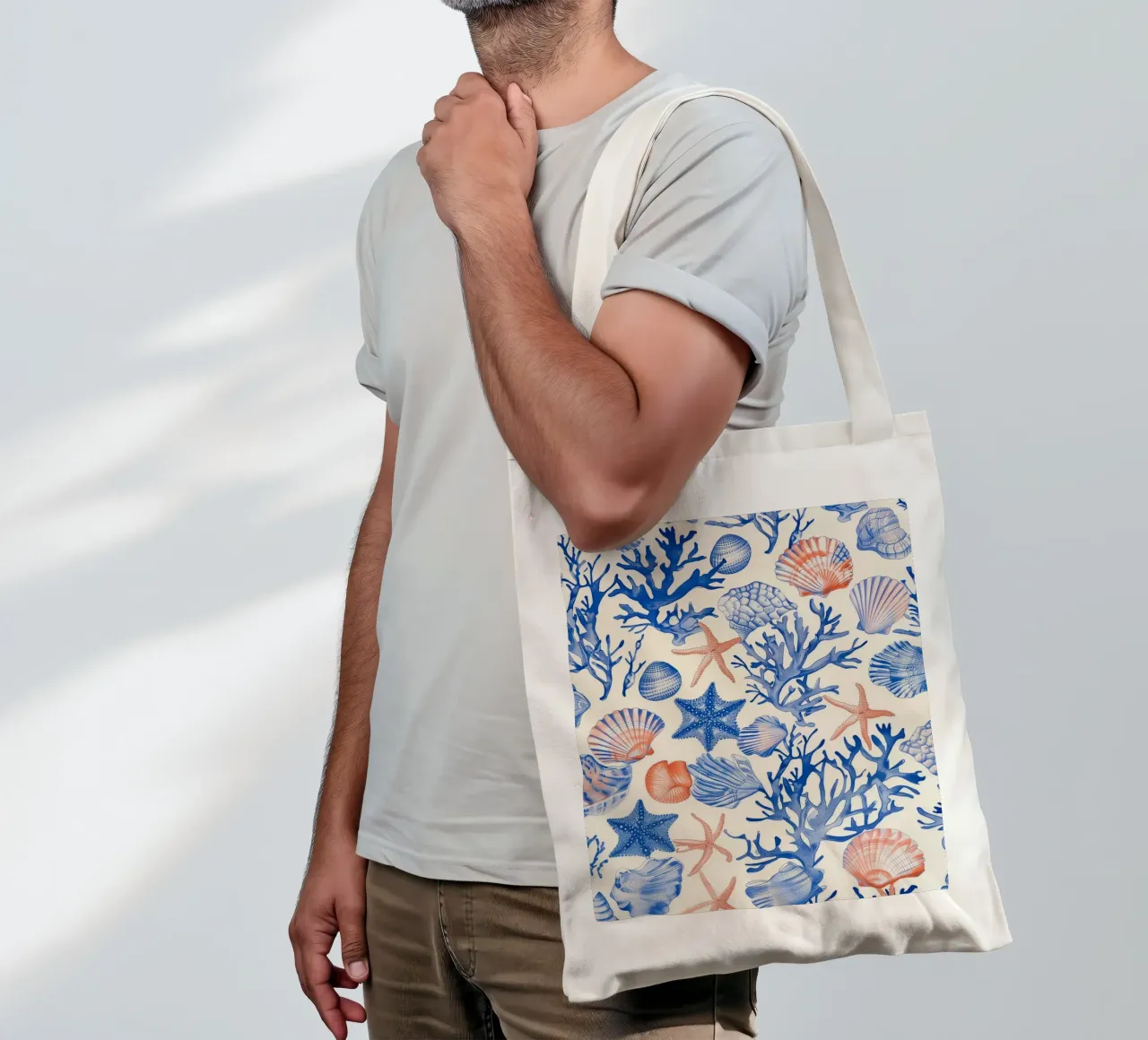 Blue Seashell Starfish Coral Coastal Boho Beach House Summer tote bag by Gentle Echoes Art