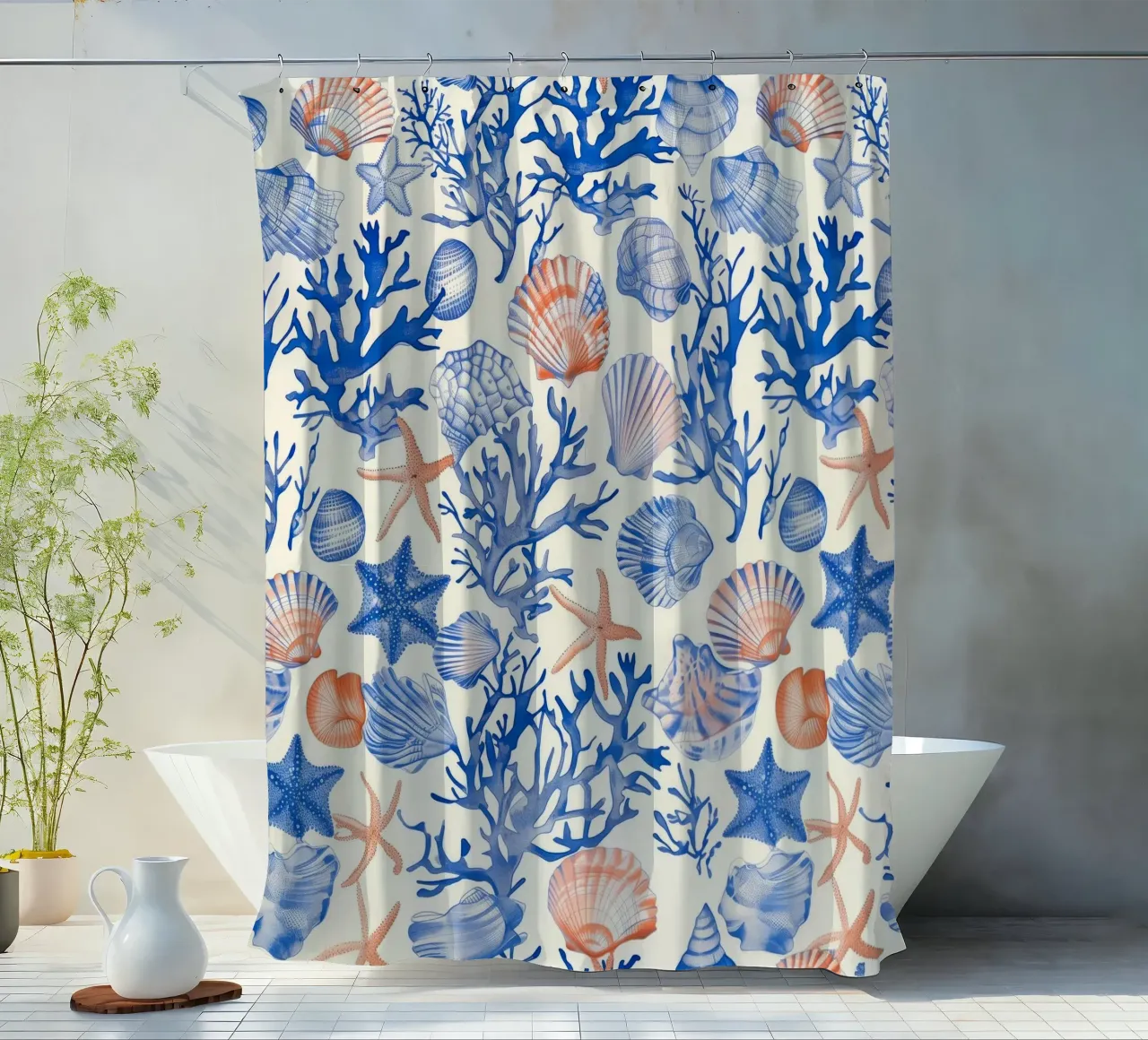 Blauw Zeeschelp Zeester Koraal Kust Boho Strand Huis Zomer douchegordijn van Gentle Echoes Art
