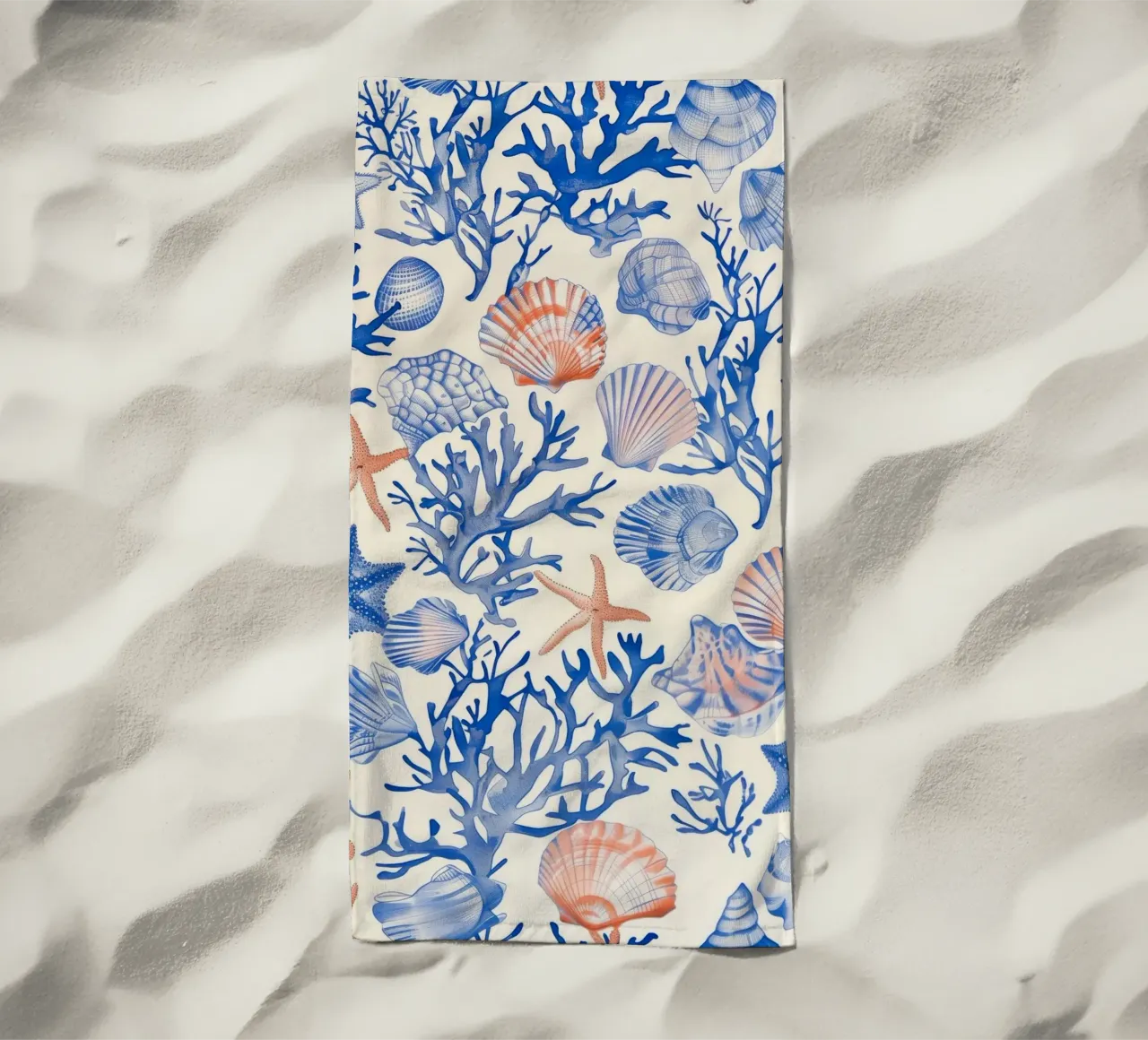 Blauw Zeeschelp Zeester Koraal Kust Boho Strand Huis Zomer strandhanddoek van Gentle Echoes Art