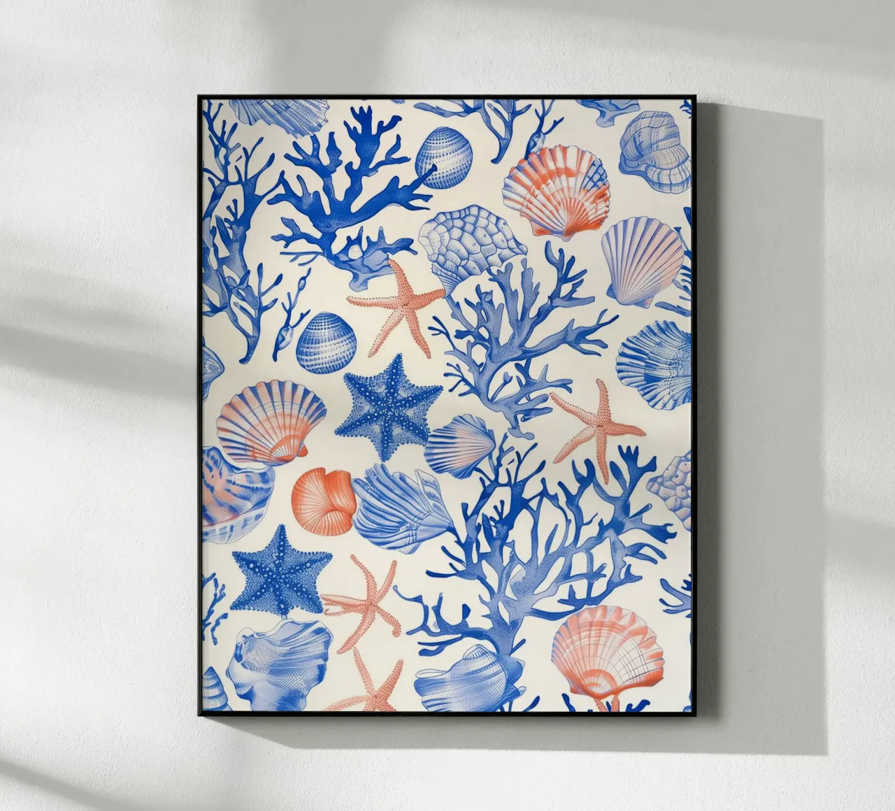 Blauw Zeeschelp Zeester Koraal Kust Boho Strand Huis Zomer acryl van Gentle Echoes Art