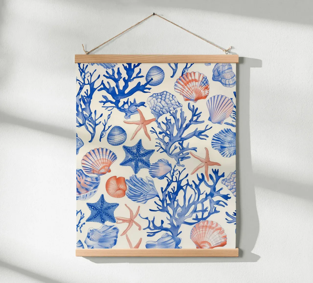 Blauw Zeeschelp Zeester Koraal Kust Boho Strand Huis Zomer hahnemühle van Gentle Echoes Art