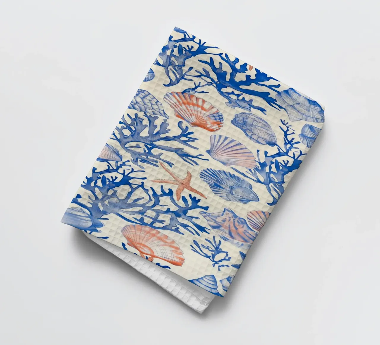 Blauw Zeeschelp Zeester Koraal Kust Boho Strand Huis Zomer theedoek van Gentle Echoes Art