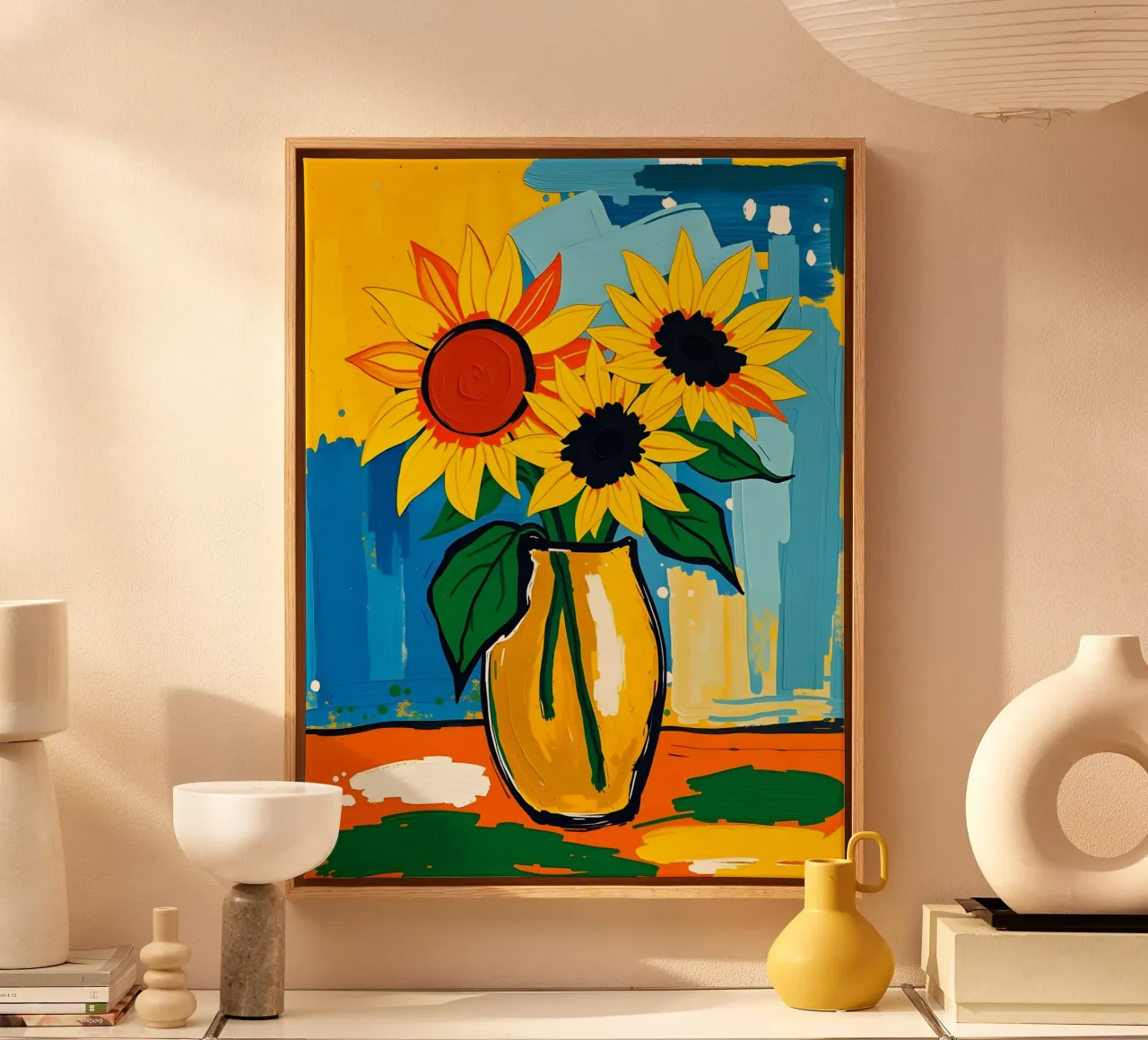 Sonnenblumen In Vase Stillleben Gemälde Leinwand mit Schattenfugenrahmen von ARTOMATIC