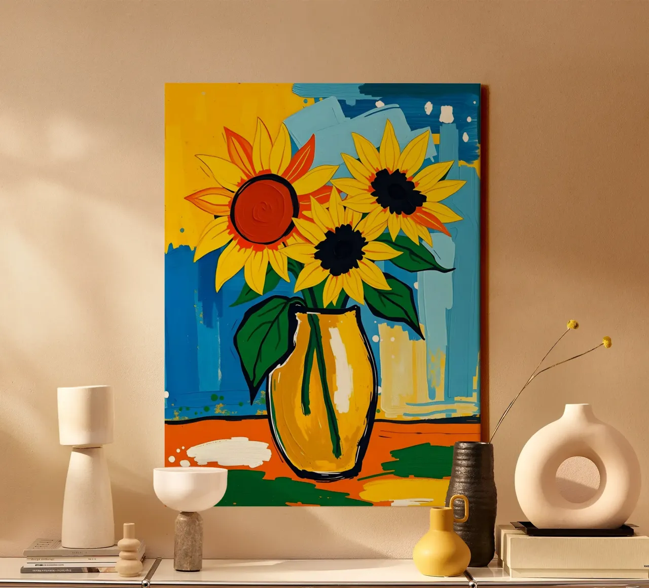 Sonnenblumen In Vase Stillleben Gemälde Leinwand mit Schattenfugenrahmen von ARTOMATIC
